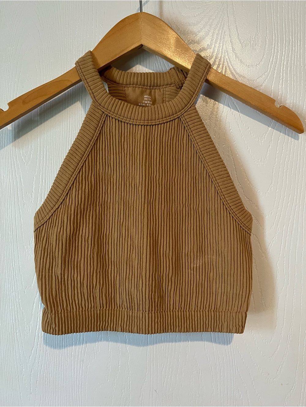 Aerie Real Good Ribbed High Neck Halter Tank Top Tan Seamless Crop Sz XS